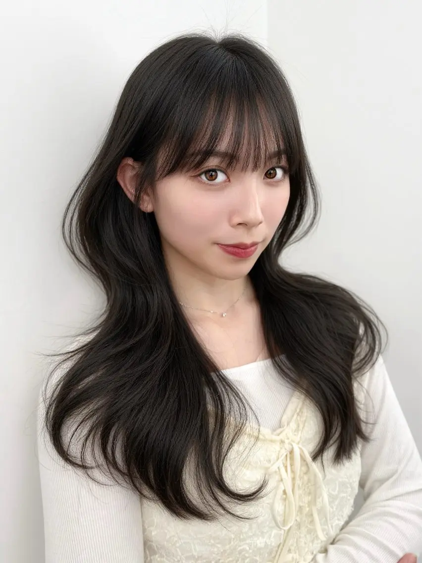 セミロング 韓国風ヘア レイヤーカット カット ヘアカラー トリートメント 割れない顔まわり× 小顔補正レイヤー難波のヘアスタイル