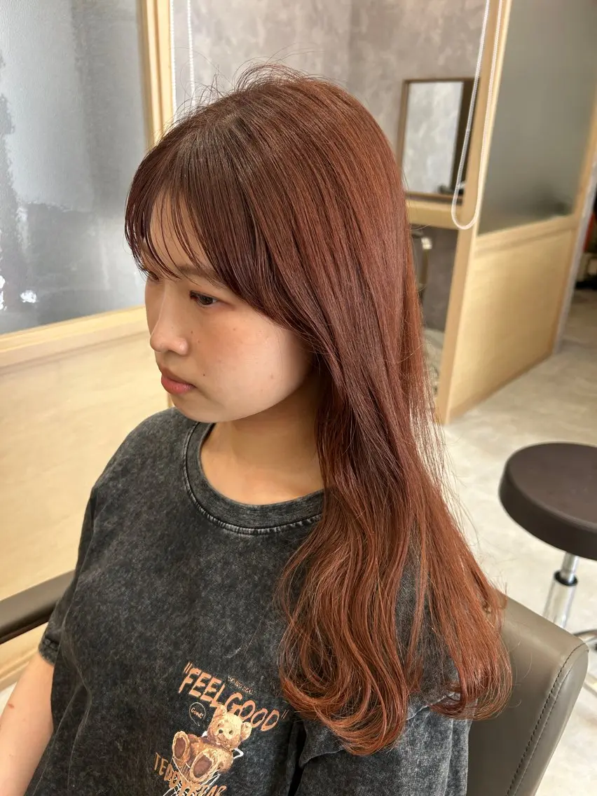 ロング カラー ケアカラー オレンジ ピンクカラー カット ヘアカラー トリートメント 久木原 ゆりのヘアスタイル