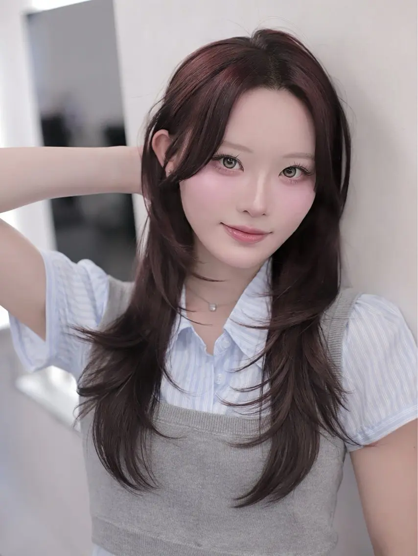 ロング カラー ボルドーカラー 韓国風ヘア レイヤーカット カット ヘアカラー トリートメント 盛れる顔周りカット ♥️韓国ヘア"ちぇるのヘアスタイル