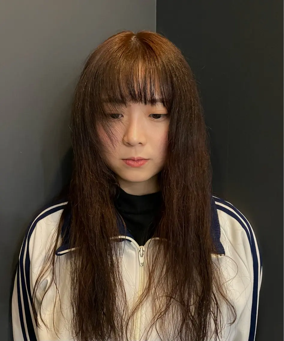 ロング カラー ブラウンカラー オレンジ オレンジブラウン くせ毛 顔周りカット men'scut募集 /艶カラー/上杉健太のヘアスタイル