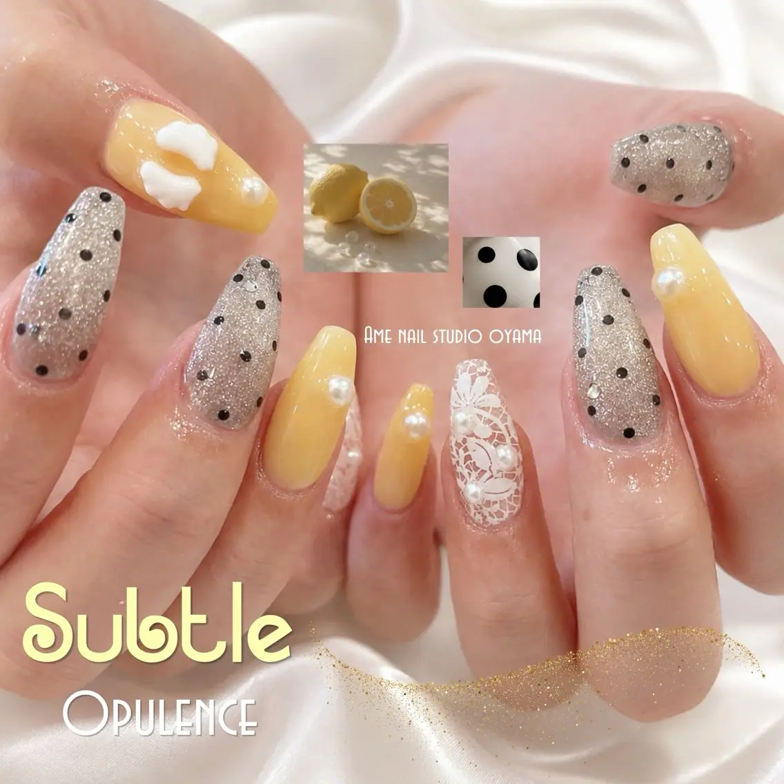 ネイル リボン 黄色 ハンドネイル ハンドケア AME NAIL STUDIO小山店のネイルデザイン