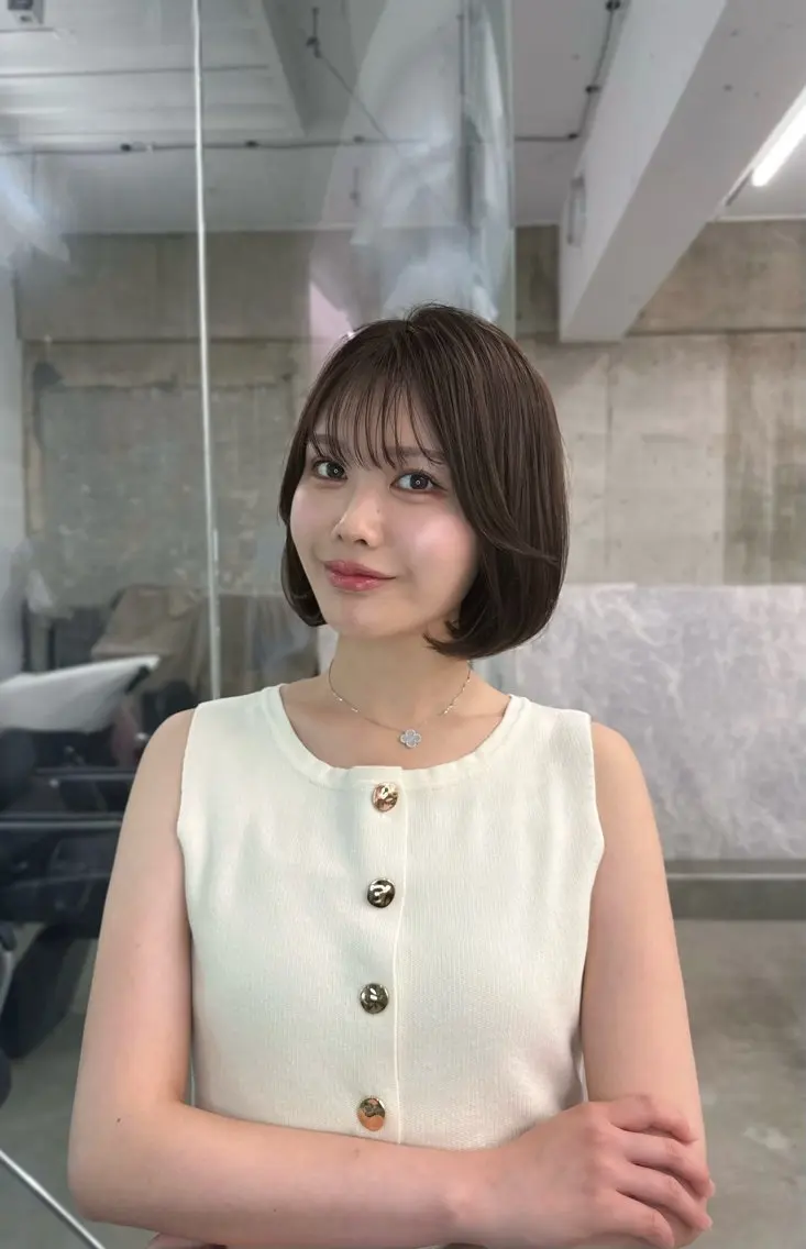 ミディアム ボブ カット トリートメント 髪質改善×ブリーチ なしカラー/桃愛のヘアスタイル