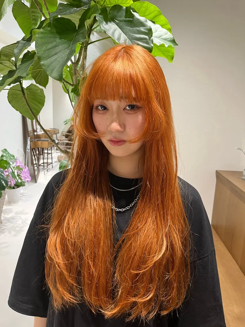 ロング カラー オレンジ 姫カット レイヤーカット カット ヘアカラー トリートメント レイヤーカット/ブラ ウンカラー/河野凜のヘアスタイル