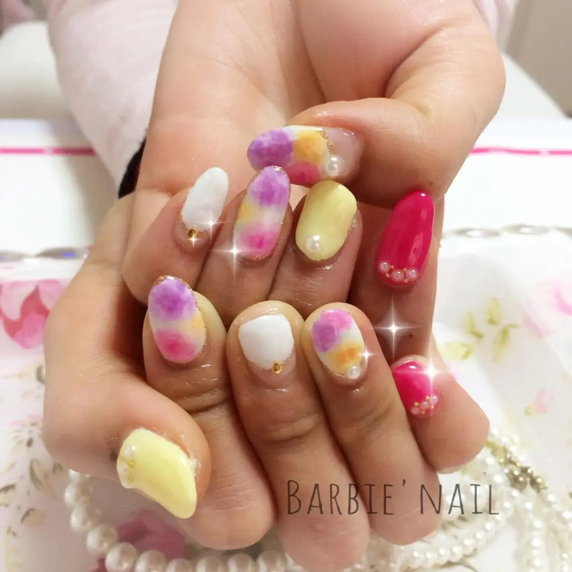 ネイル フラワーネイル フレンチネイル ピンク パープル 逆フレンチ 27salon yuinaのネイルデザイン