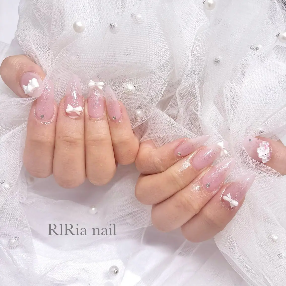 ネイル ラメ(グリッター) ピンク リボン ホワイト ハンドネイル 🎀RIRia nail🎀のネイルデザイン
