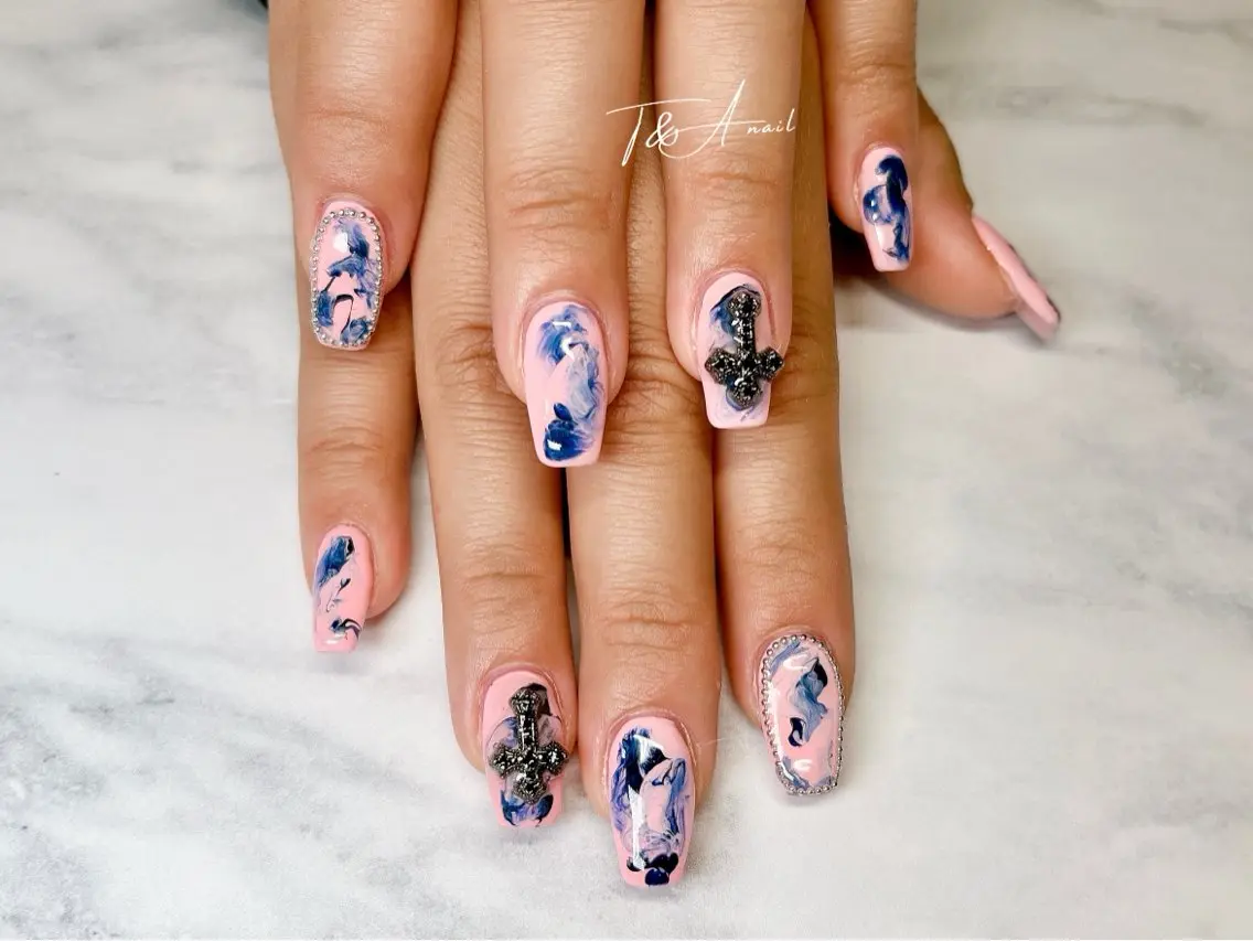 ネイル ブルー 長さ出し ジェルネイル ニュアンスネイル ピンク T&A nailのネイルデザイン