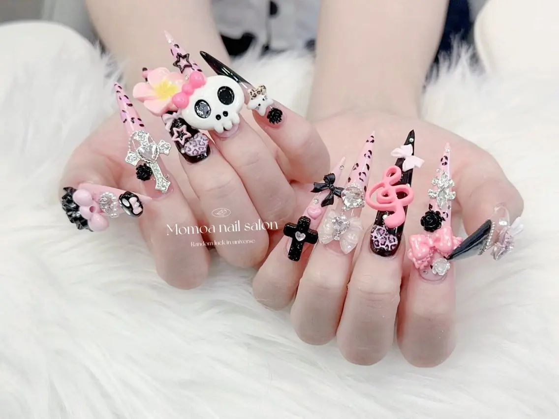 ネイル 成人式 大理石ネイル(マーブル) リボン 夏ネイル ネイルチップ ハンドネイル MoMoA Nail ネイル長さ出し専門店のネイルデザイン