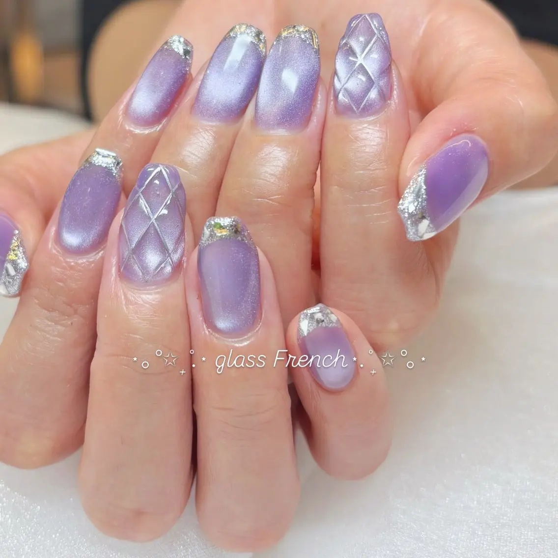 ネイル フレンチネイル ガラスフレンチ ラメ(グリッター) ぷっくりネイル パープル ハンドネイル Tsukahara 🌷仙台PARCOのネイルデザイン
