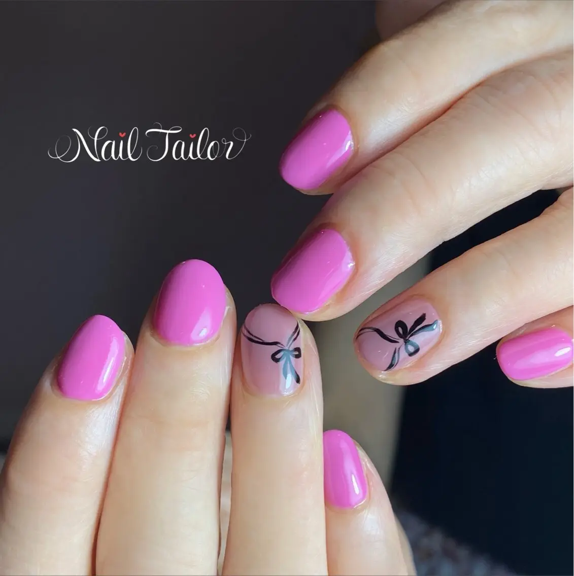 ネイル ジェルネイル ワンカラーネイル ピンク リボン ハンドネイル NailTailor ネイルテイラーのネイルデザイン