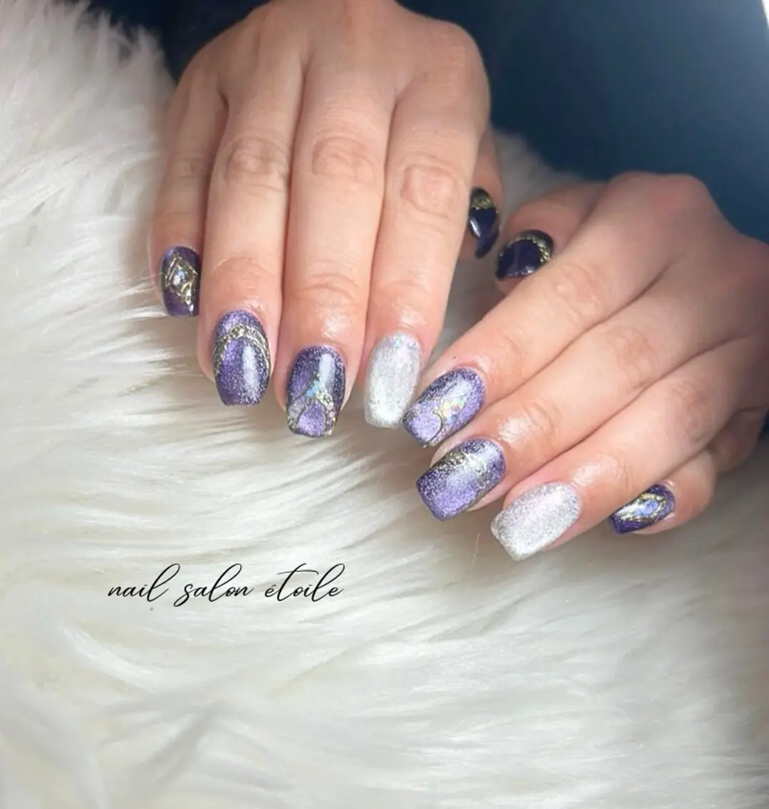 ネイル マグネットネイル パープル シルバー ハンドネイル nail salon étoileのネイルデザイン