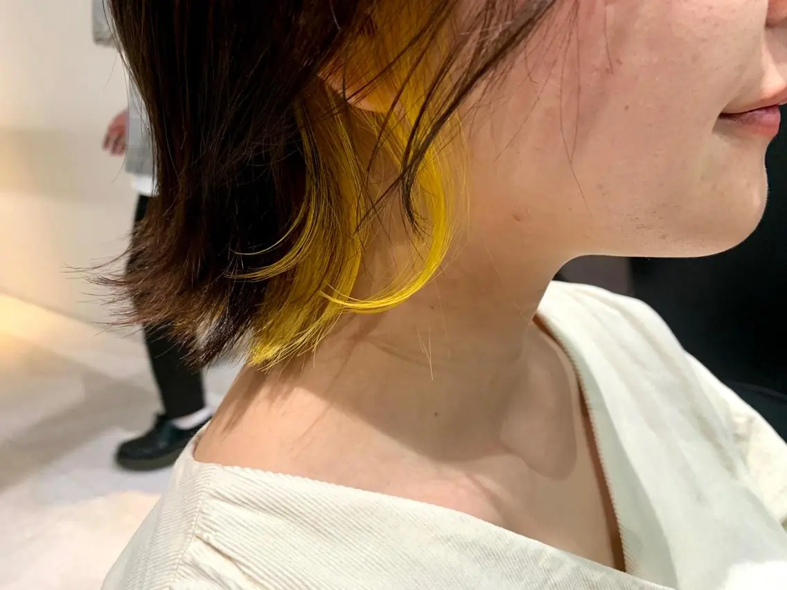 ミディアム カラー ヘアアレンジ メンズ ネイル マツエク・マツパ イヤリングカラー イエローカラー 黄色 トリートメント ボブ、縮毛矯正👑 心斎橋/高城涼也のヘアスタイル