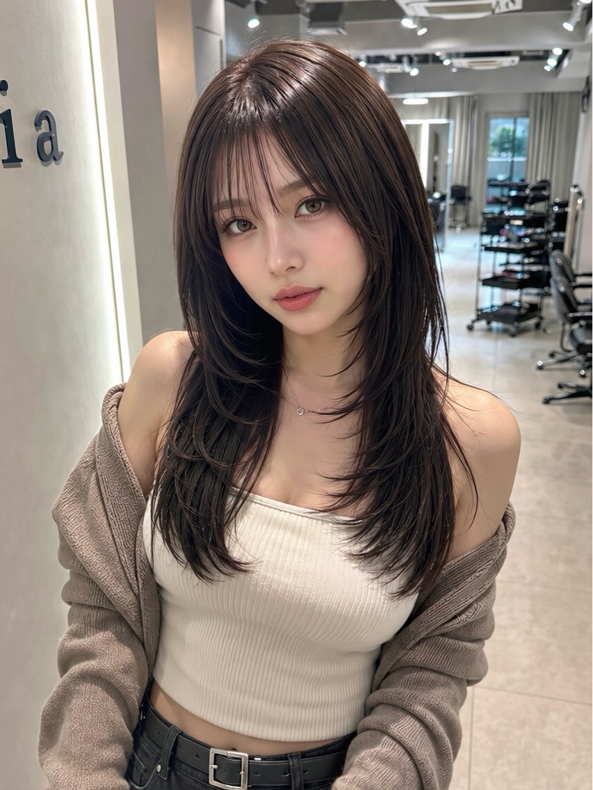 セミロング カラー カット 縮毛矯正 韓国ハイレイヤー ハッシュカット特化のヘアスタイル