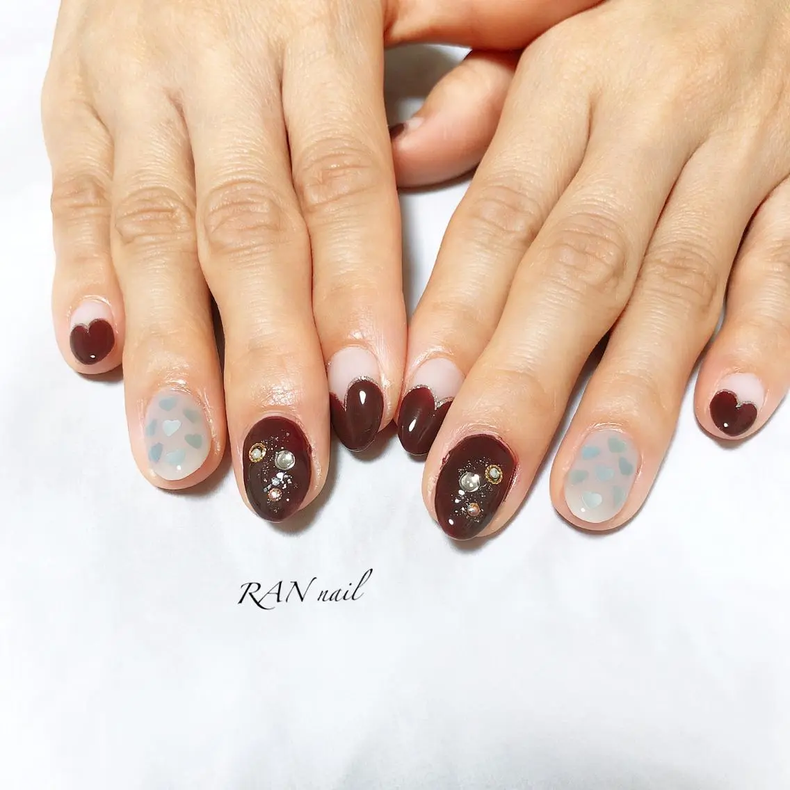 ネイル ボルドー ブラウン フットネイル フレンチネイル ハート ハンドネイル フットネイル RAN nailのネイルデザイン