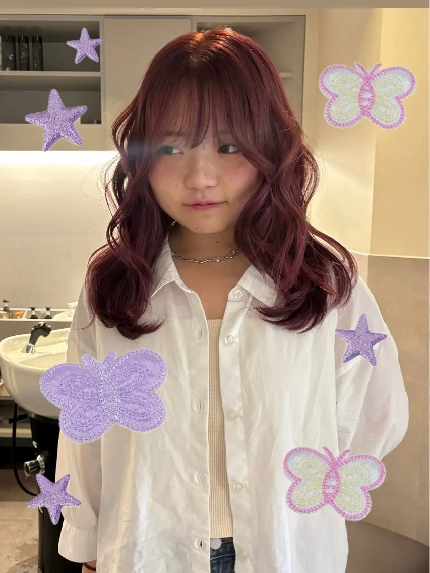 【ブリーチリタッチ➕カラー🍒✨】暖色カラー ワインレッド/チェリーレッド/ピンクベージュ🎀 ミニモ学割の写真