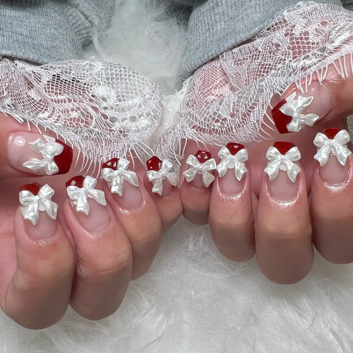 ネイル フレンチネイル レース リボン Abyss🎀 mayuのネイルデザイン