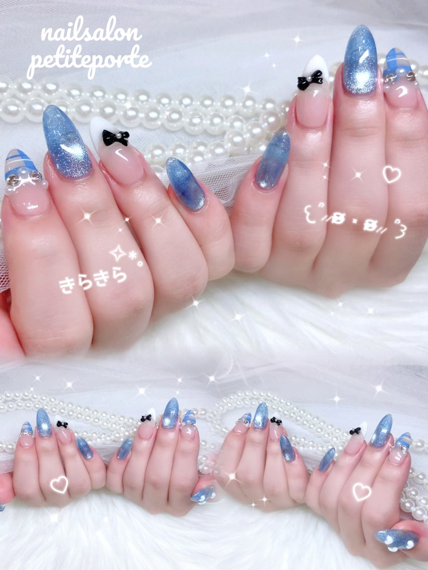 ネイル ブルー フレンチネイル ガーリー キラキラネイル マグネットネイル ハンドネイル petite porteのネイルデザイン