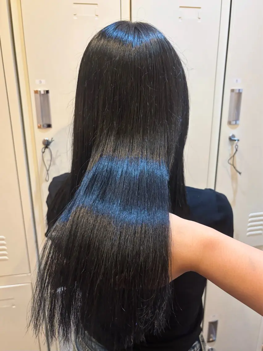 ロング カラー 黒髪 ブリーチ ブルーカラー ブルーブラック 透明感カラー little ruca‎𖤐のヘアスタイル
