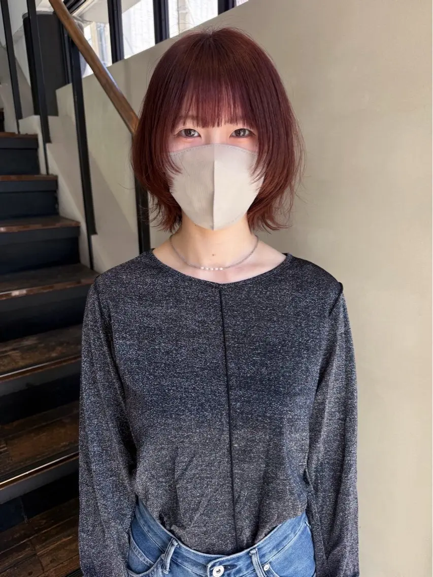 ミディアム カラー ボブレイヤー ブリーチ 透明感カラー ダブルカラー ブリーチなしカラー カット レイヤー / ボブ/ ハイトーン/sakiのヘアスタイル
