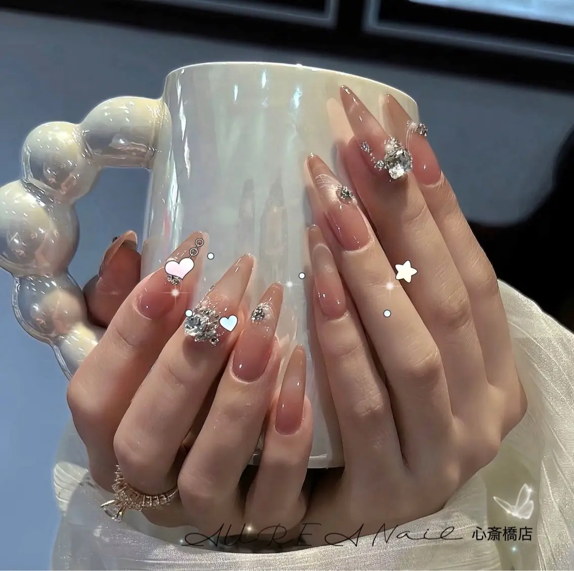 ネイル 長さ出し ハート キラキラネイル 韓国ネイル ロングネイル Mina Aurea Nailのネイルデザイン