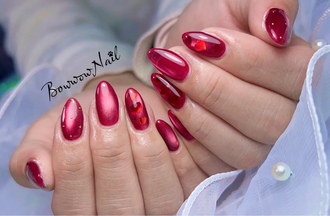 ネイル ハート 韓国ネイル マグネットネイル バレンタイン ワンホンネイル Bow wow Nail さや🧸のネイルデザイン