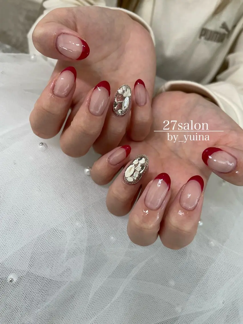 ネイル フレンチネイル 赤色 冬ネイル クリスマス ハンドネイル 27salon yuinaのネイルデザイン