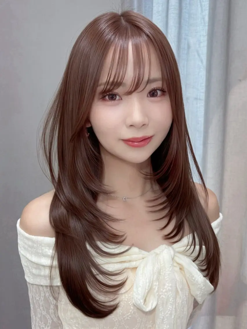 セミロング くびれヘア ハッシュカット レイヤーカット 小顔カット ヘアカラー トリートメント RYOTA レイヤー 中明度カラー/縮毛のヘアスタイル