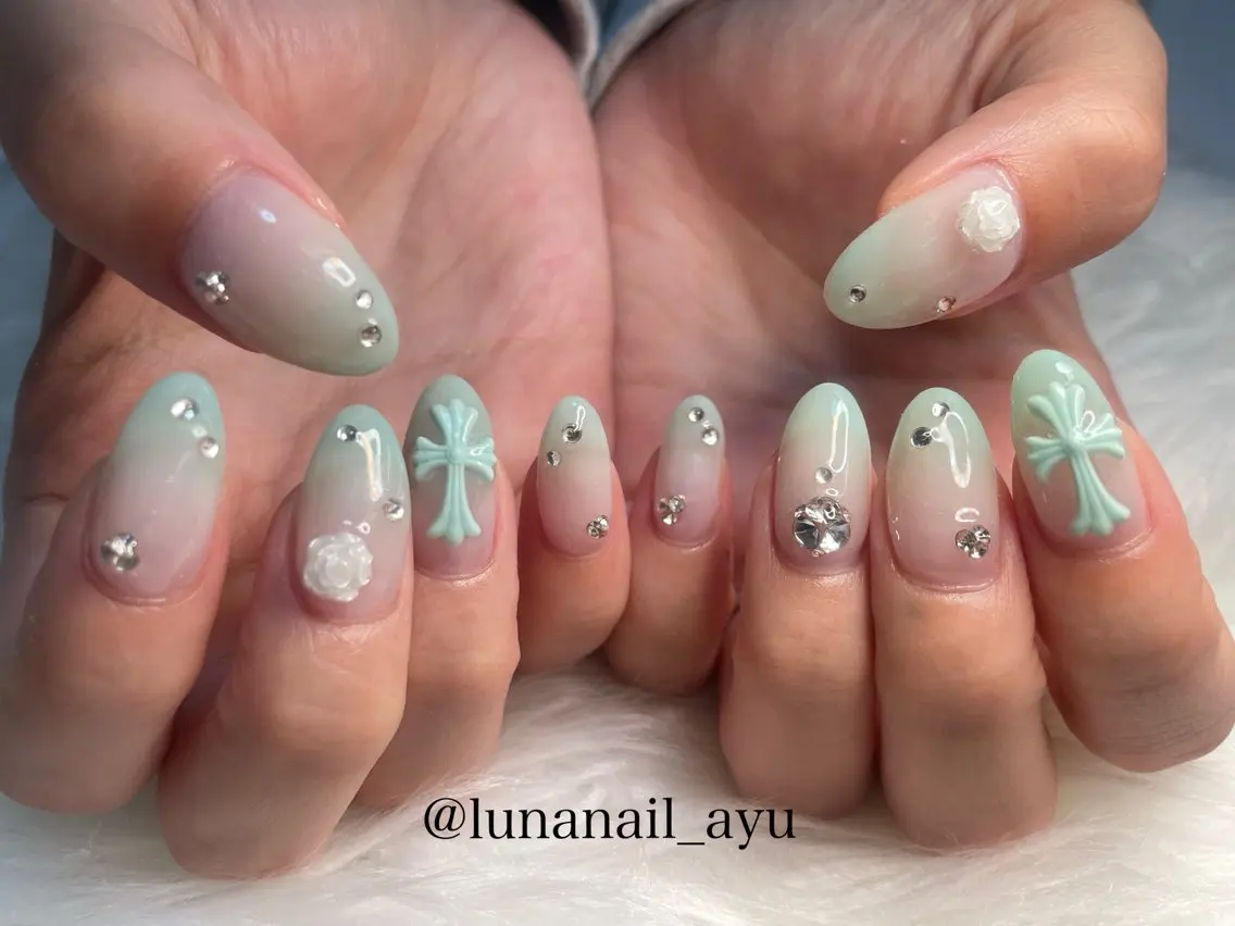 ネイル ブルー グリーン 夏ネイル ハンドネイル LUNA NAIL ayuのネイルデザイン