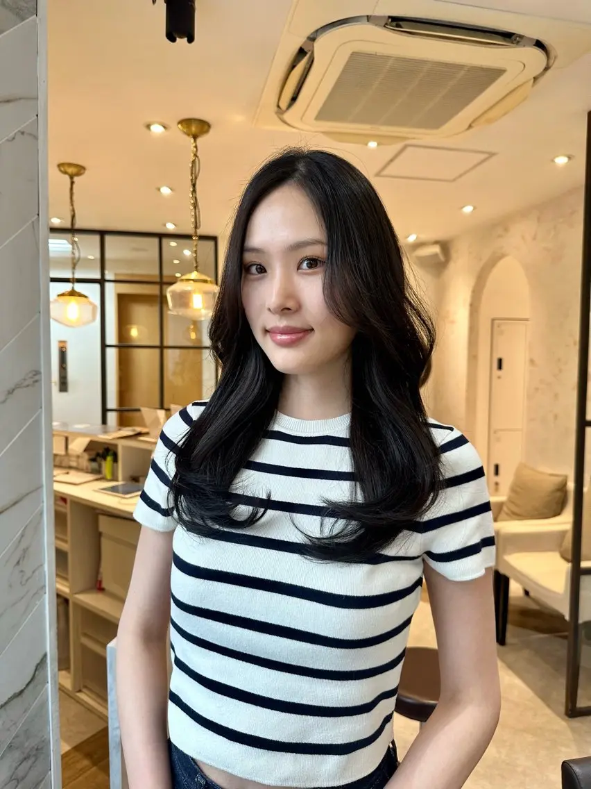 ロング カラー ヘアアレンジ 黒髪 ブルーカラー ブルーブラック 顔まわりレイヤー 髪質改善 ヘアカラー トリートメント REONA🪽✨薬院 レイヤーカット🫧のヘアスタイル