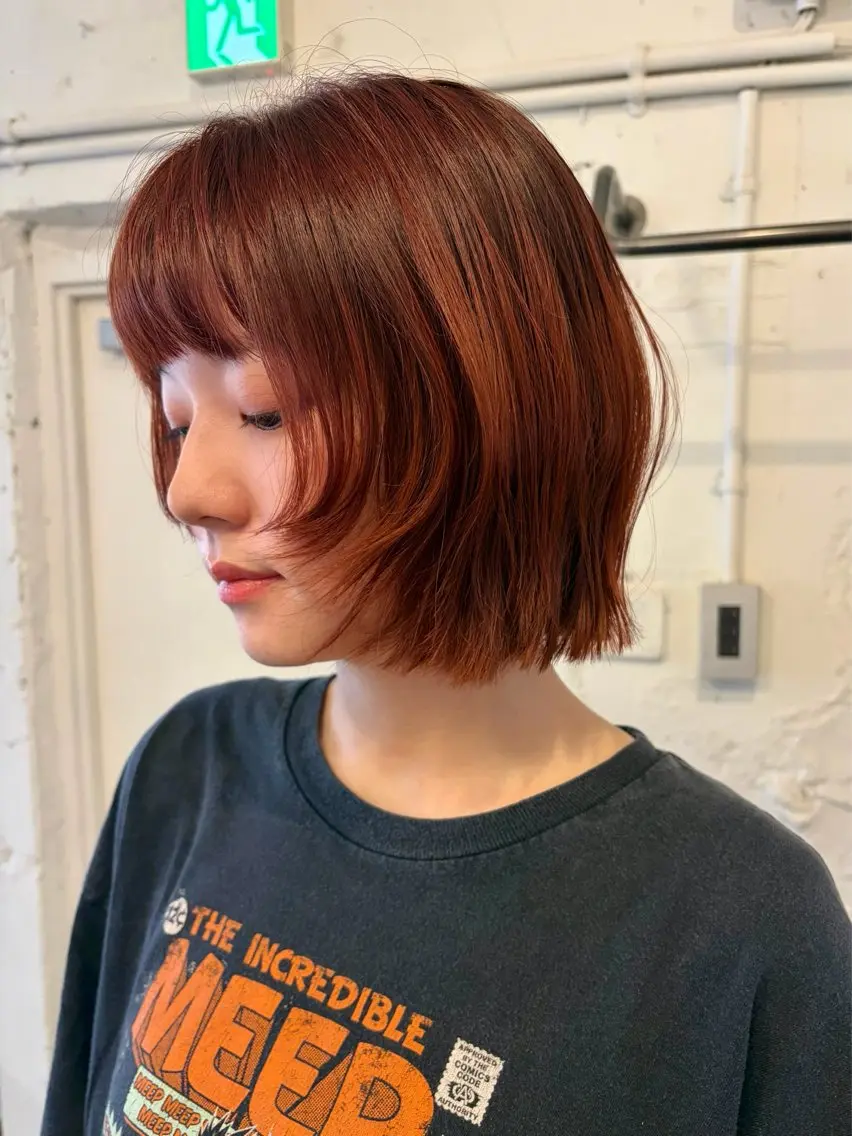 ショート カラー ブリーチ ブリーチなしカラー オレンジ ボブ レイヤーカット カット ヘアカラー トリートメント ＊UNU＊ RICOのヘアスタイル