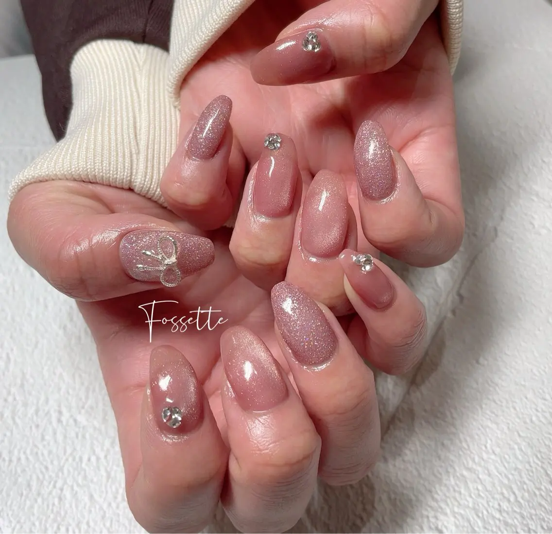 ネイル フラッシュネイル キラキラネイル マグネットネイル ピンク リボン ハンドネイル nailsalon Fossetteのネイルデザイン