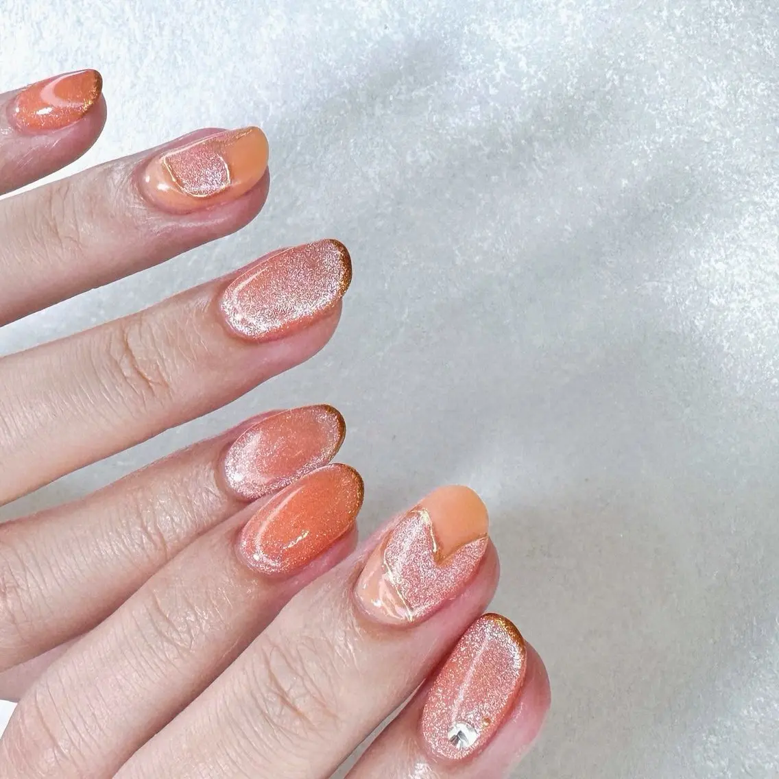 ネイル ハート マグネットネイル ミラーネイル オレンジ 夏ネイル ハンドネイル pointillé .ayaのネイルデザイン