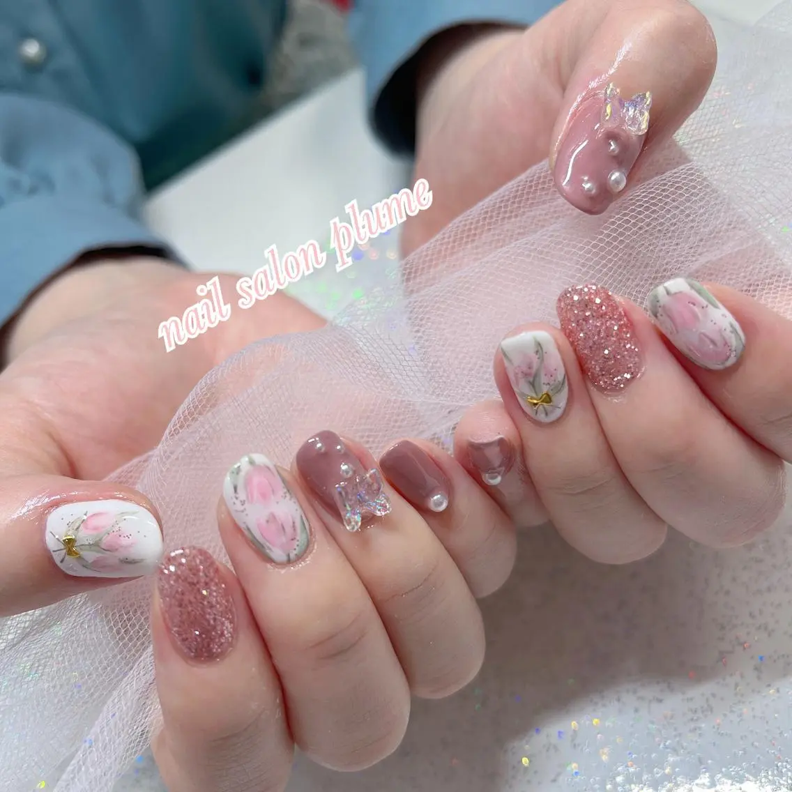 ネイル アートネイル フラワーネイル ガーリー ハート 韓国ネイル ハンドネイル plume nail ☆韓国ネイルのネイルデザイン