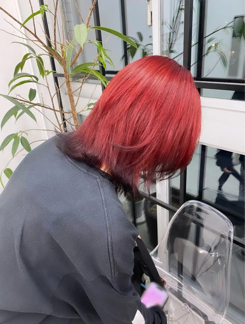 ミディアム カラー 黒髪 オレンジ レッドカラー JILL🌟 せいゆのヘアスタイル