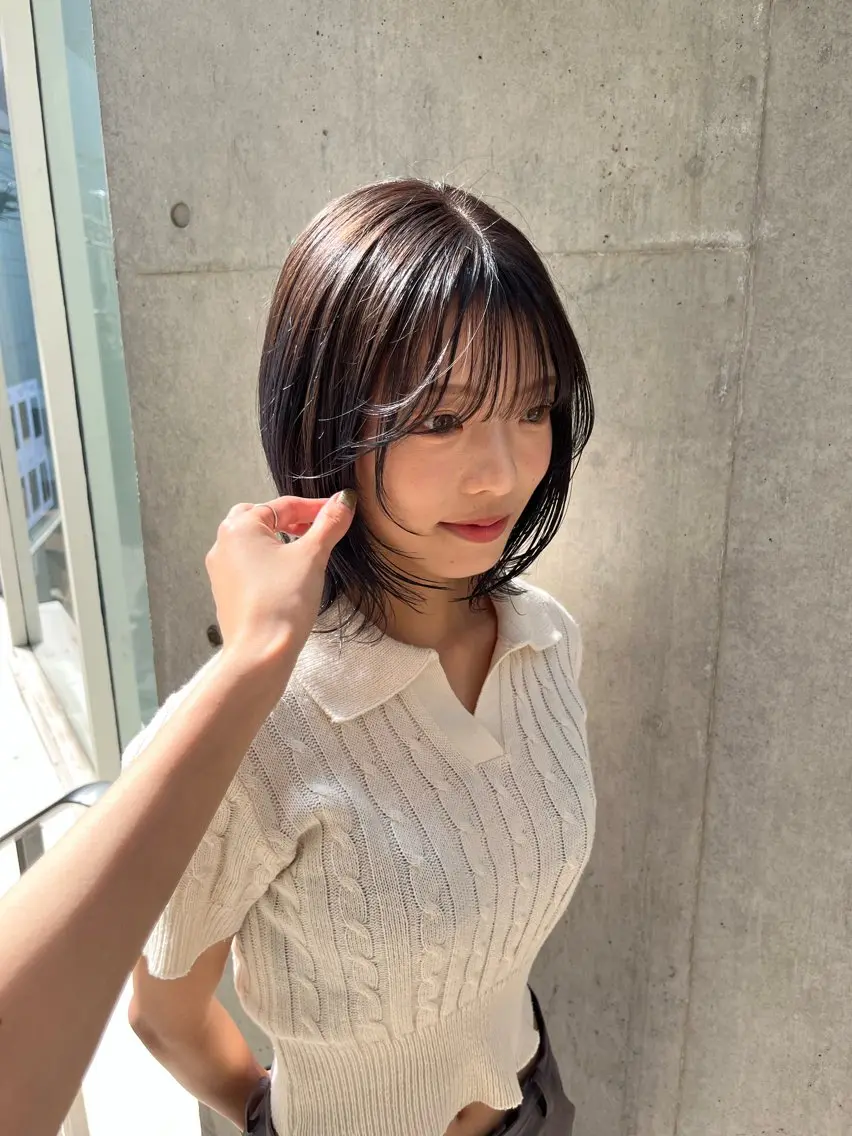ミディアム カラー カット トリートメント 縮毛矯正ボブ&顔まわ レイヤー♡TOMOEのヘアスタイル