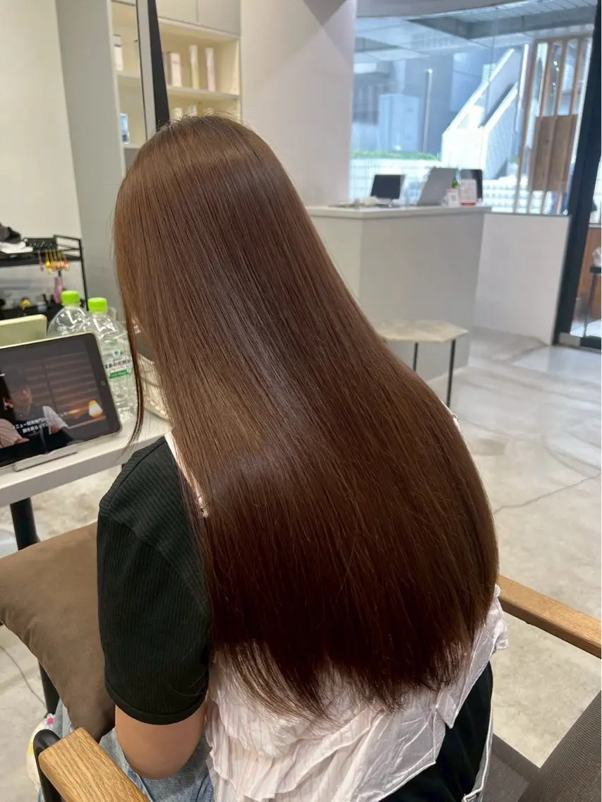 ロング パーマ 髪質改善 レイヤーカット 縮毛矯正 トリートメント 酸性ストレート 縮毛矯正 🍒モテ暖色カラー × うる艶✧ ゆなのヘアスタイル
