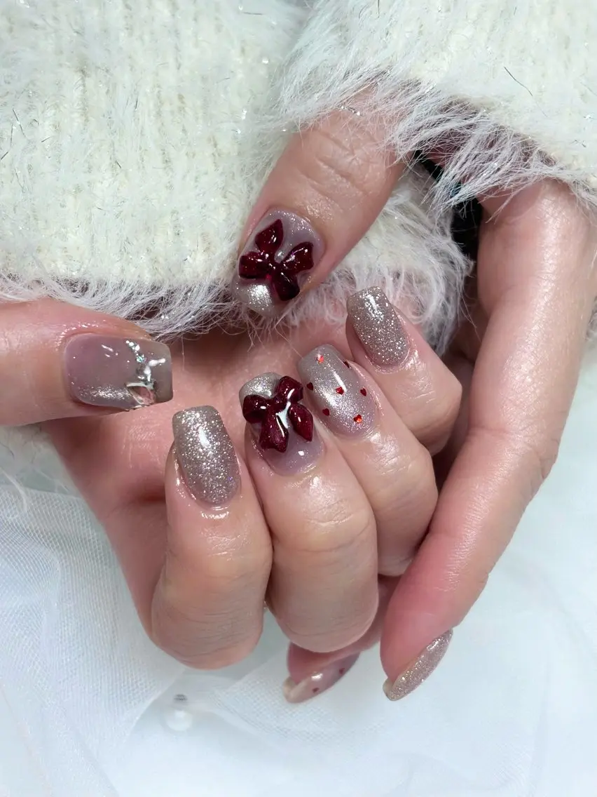 ネイル リボン ハンドネイル Noa nail yuna🧁のネイルデザイン