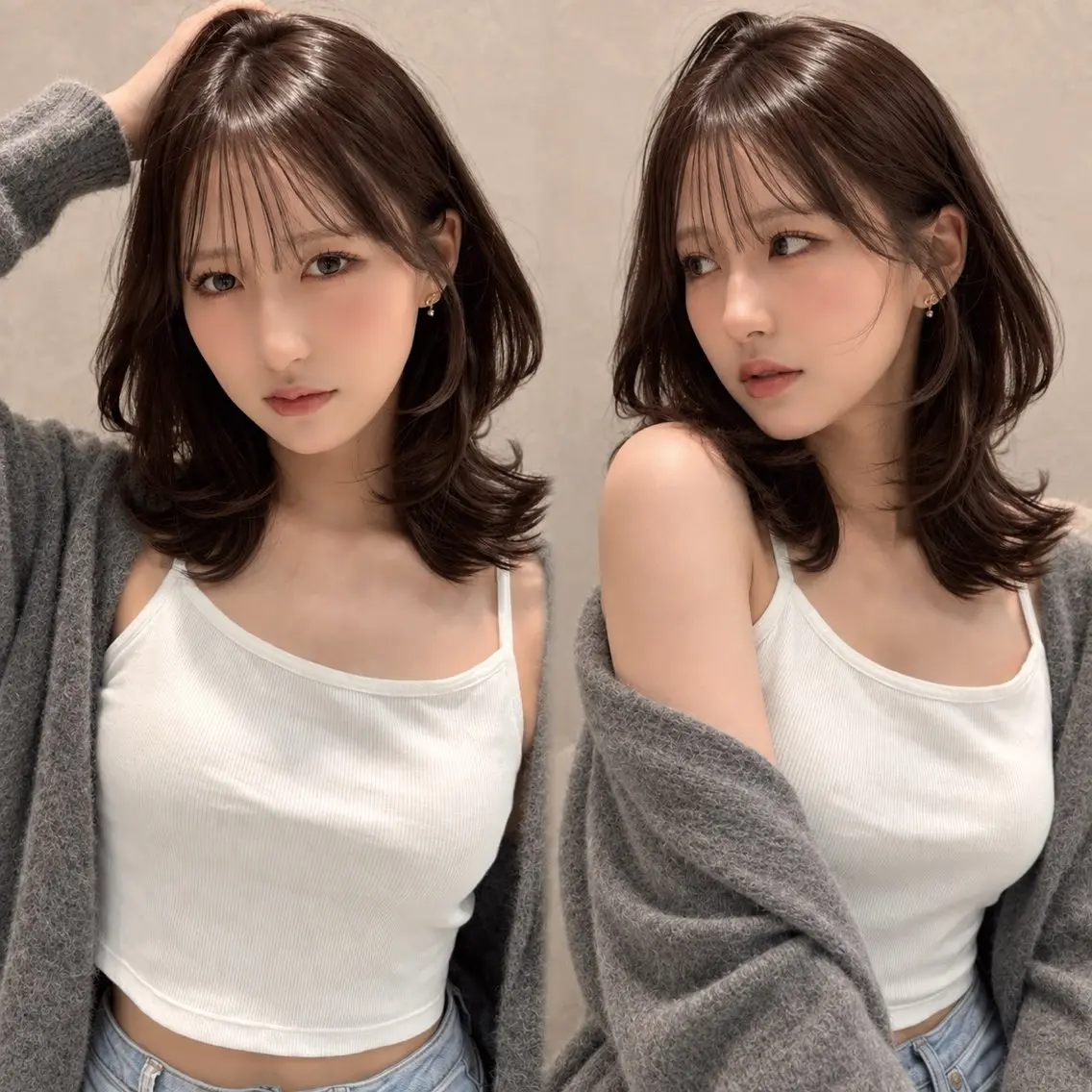 ミディアム カット ヘアカラー トリートメント 韓国レイヤー 田中 励也のヘアスタイル