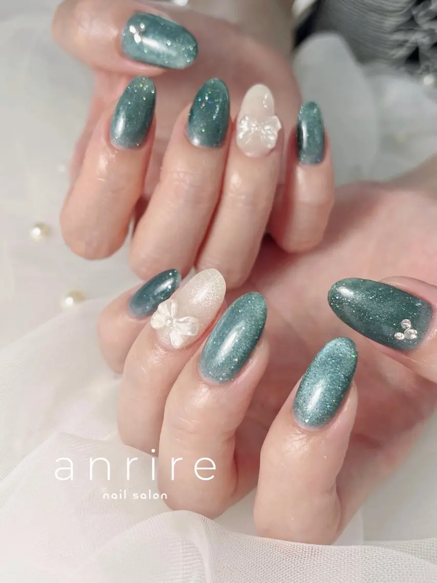 ネイル マグネットネイル 持ち込み リボン シンプルネイル nailsalon anrireのネイルデザイン