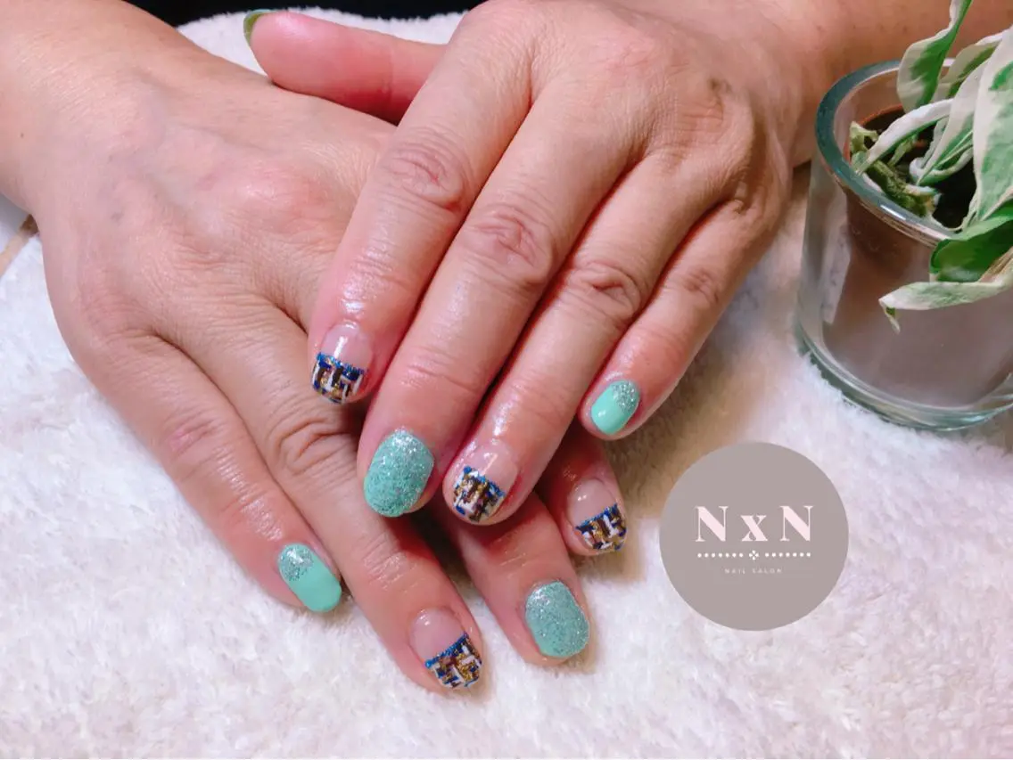 ネイル グリーン ツイードネイル ハンドネイル nail salon N×Nのネイルデザイン