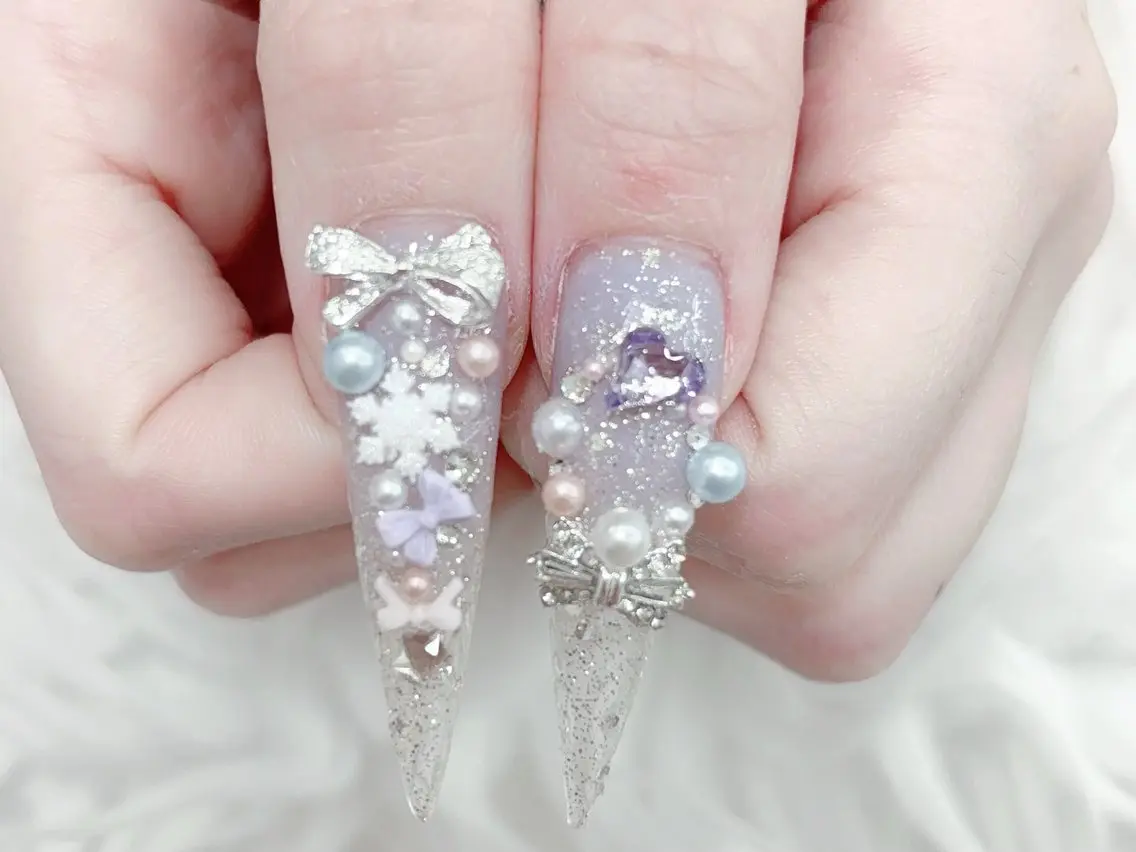 ネイル 成人式 ロングネイル マグネットネイル 大理石ネイル(マーブル) リボン ハンドネイル MoMoA Nail ネイル長さ出し専門店のネイルデザイン