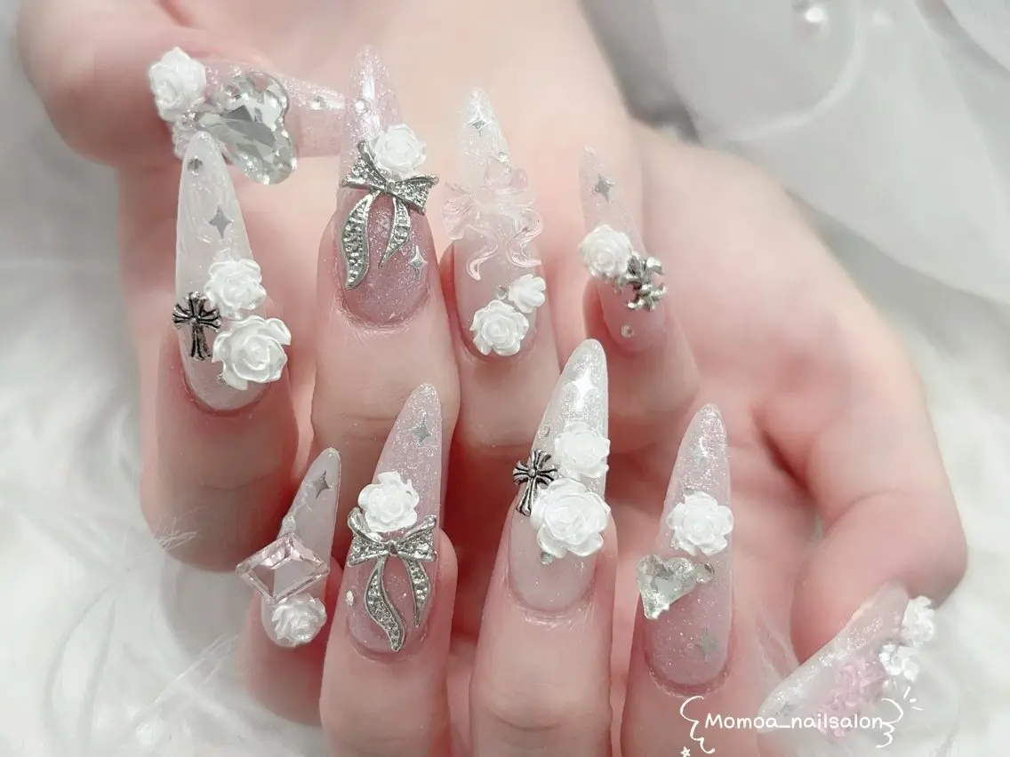 ネイル 成人式 ロングネイル マグネットネイル 大理石ネイル(マーブル) リボン ハンドネイル MoMoA Nail ネイル長さ出し専門店のネイルデザイン