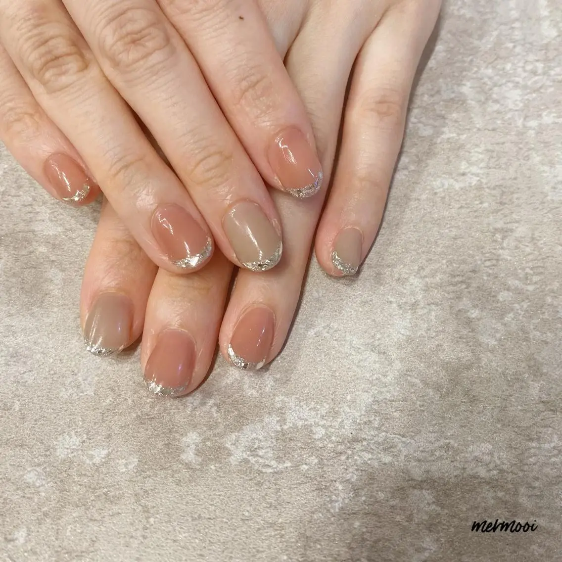 ネイル フレンチネイル ジェルネイル ガラスフレンチ キラキラネイル オフィスネイル mermooi nailのネイルデザイン
