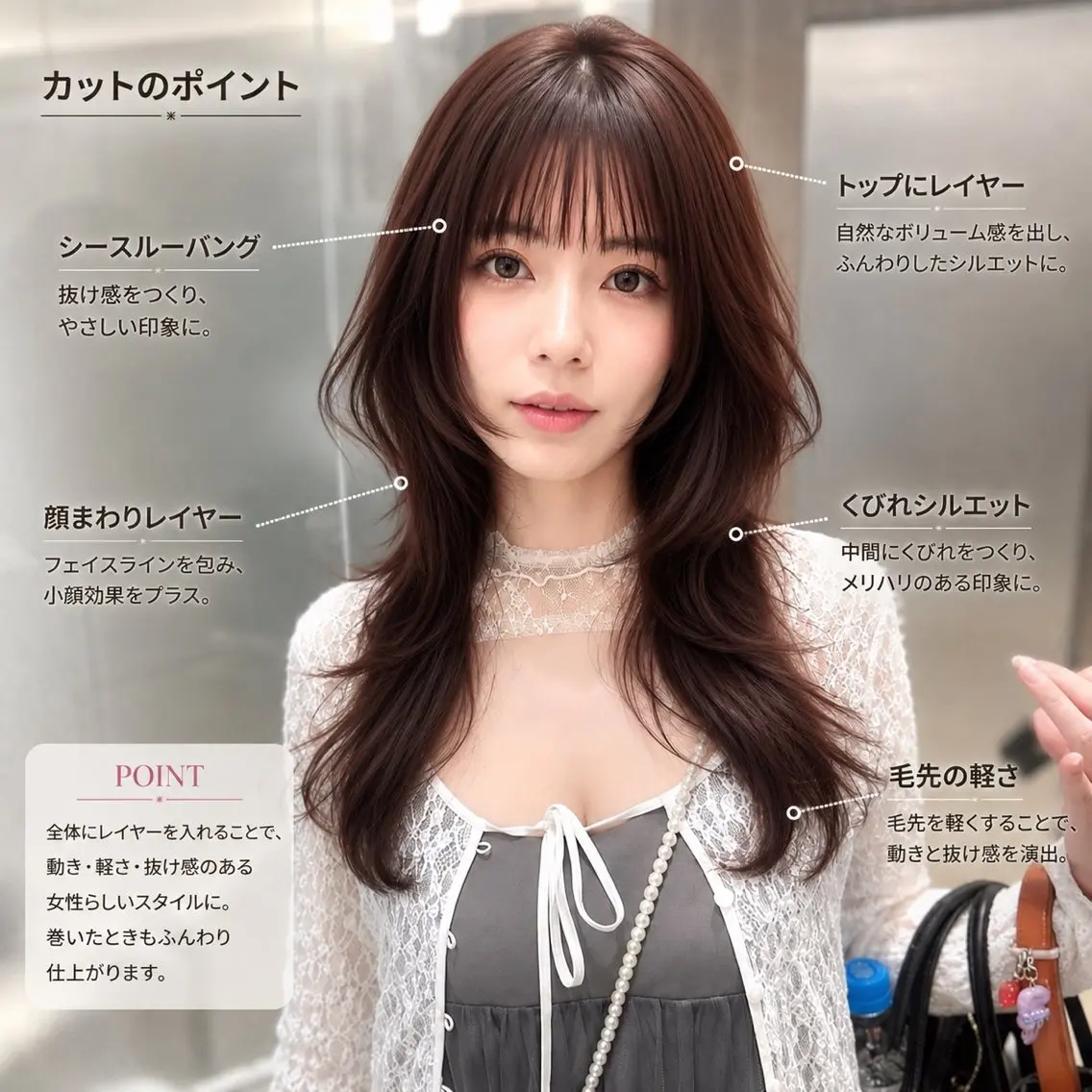 セミロング ピンクブラウン レイヤーカット カット ヘアカラー トリートメント 似合わせボブ•レイヤ ー•ウルフ/髪質改善のヘアスタイル