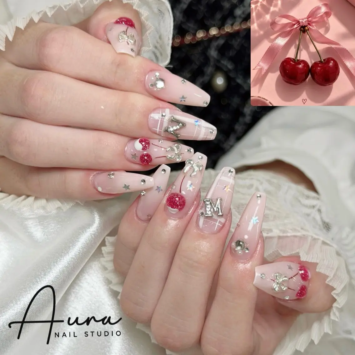 ネイル ガーリー キラキラネイル 韓国ネイル ロングネイル ピンク ハンドネイル Aura Nail HanNaのネイルデザイン