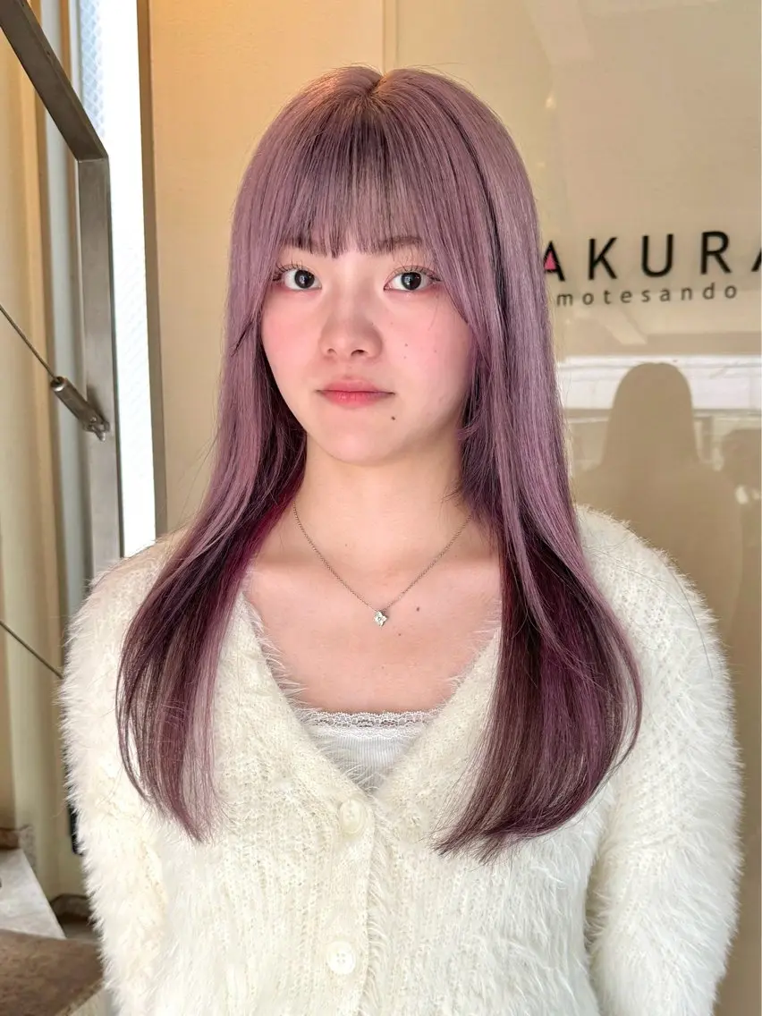 ロング カラー ラベンダーカラー ピンクカラー ピンクラベンダー ヘアカラー トリートメント 切りっぱなしボブ/ ブリーチカラー/大塚のヘアスタイル