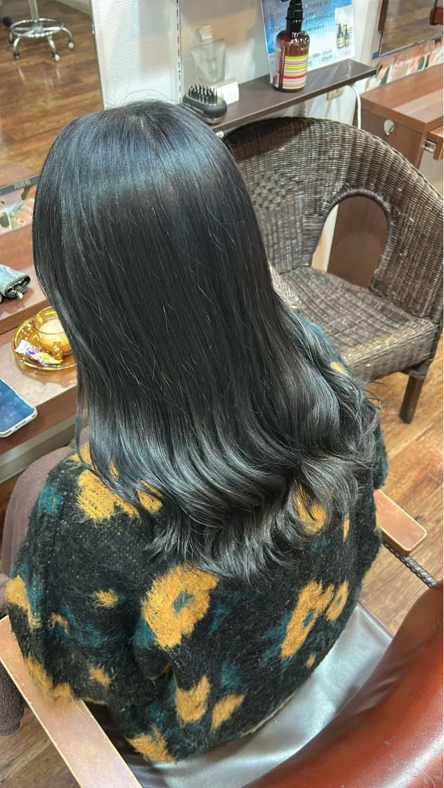 ロング カラー 黒髪 ブルーカラー ブルーブラック カット 小林 瑞穂のヘアスタイル