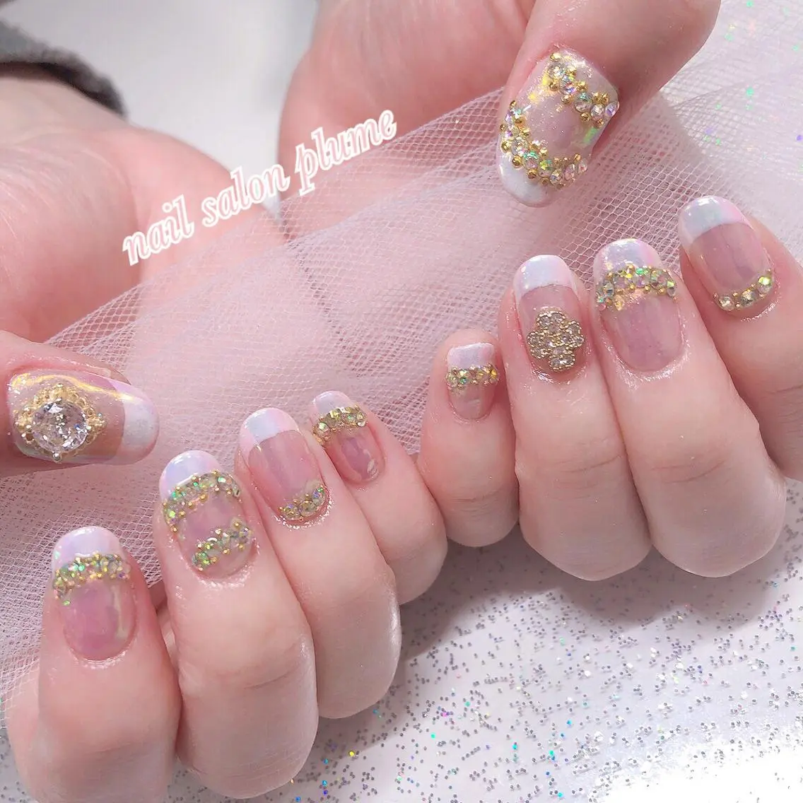 ネイル アートネイル オーロラネイル クリアネイル フレンチネイル ガーリー ハンドネイル plume nail ☆韓国ネイルのネイルデザイン