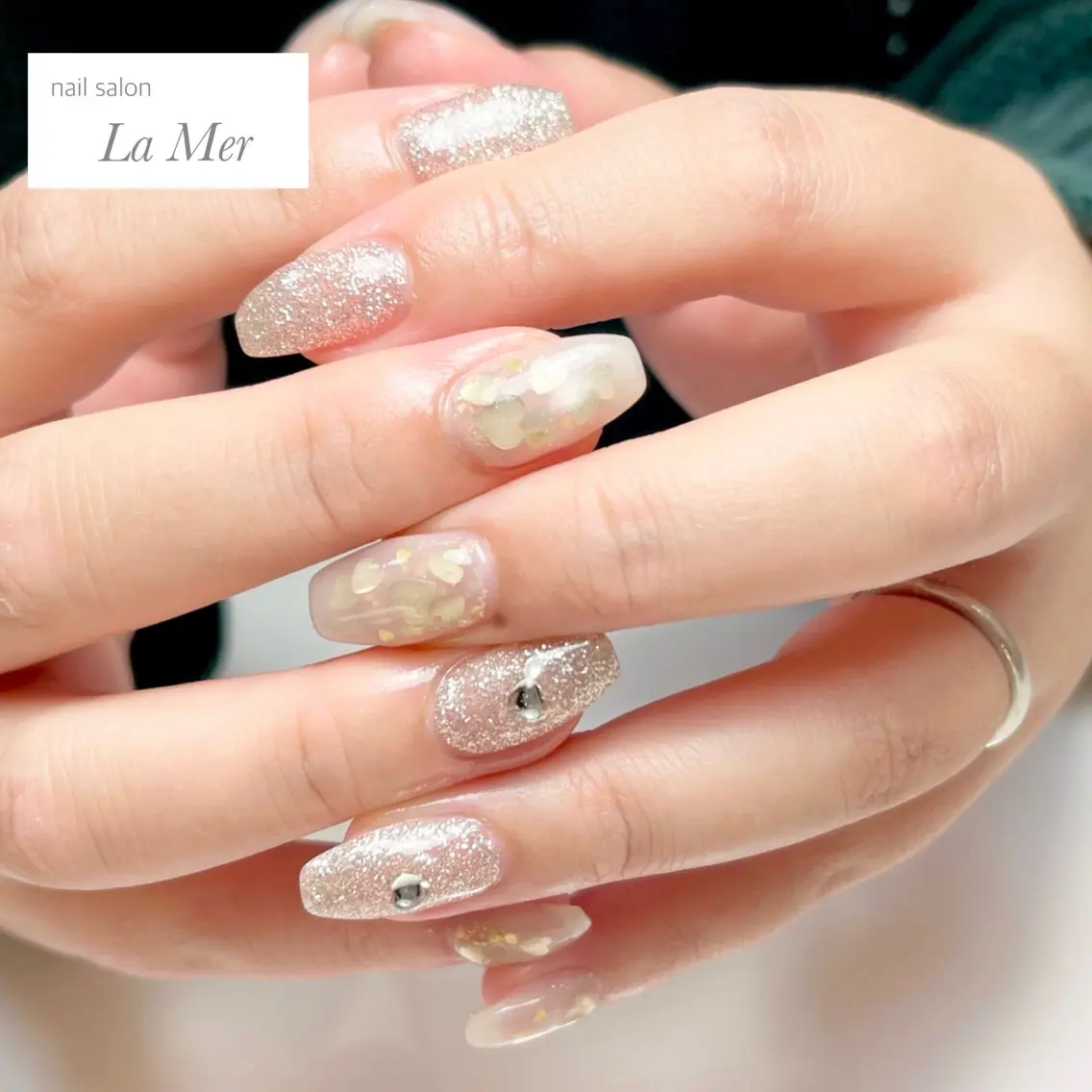 ネイル フラッシュネイル ハート マグネットネイル ビー玉ネイル ピンク ハンドネイル nailsalon La Merのネイルデザイン