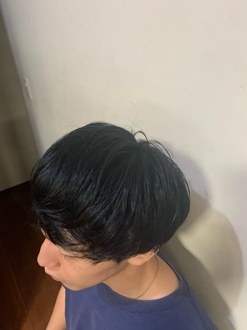 ショート カラー メンズ 黒髪 ブルーカラー ブルーブラック 切りっぱなしボブ/ カット/ゆうすけのヘアスタイル