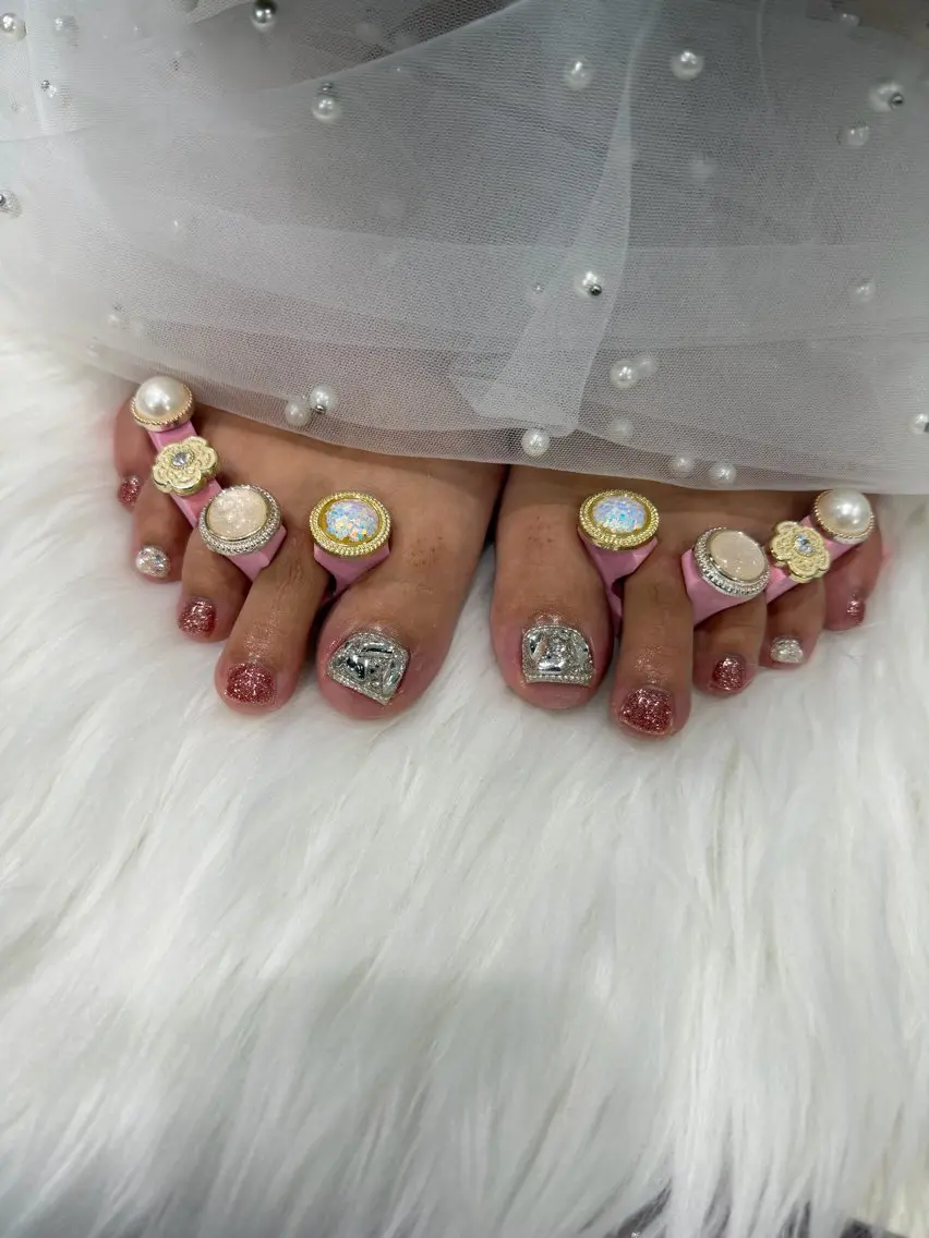 ネイル ブラウン ラメ(グリッター) ピンク フットネイル Mermaid Nail みはなのネイルデザイン